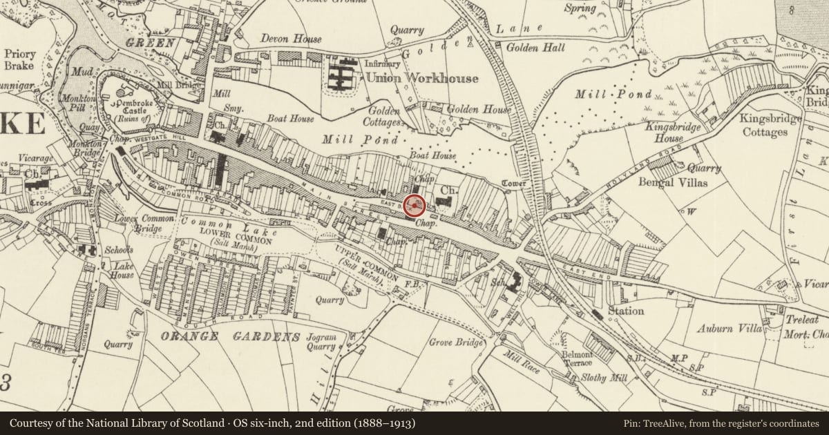 Ordnance Survey six-inch map, 2nd edition (1888–1913) covering the location of Gates and railings at Mount Pleasant Baptist Chapel, Pembroke, Pembrokeshire, with a pin at the register's coordinates
