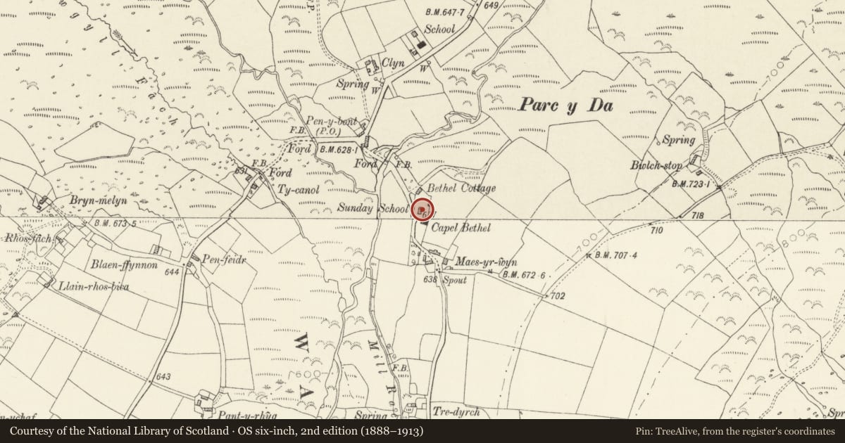 Ordnance Survey six-inch map, 2nd edition (1888–1913) covering the location of Schoolroom at Bethel Baptist Chapel, Mynachlog-Ddu, Pembrokeshire, with a pin at the register's coordinates