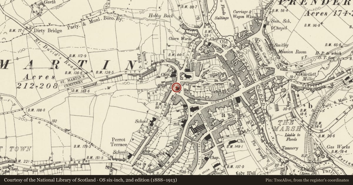 Ordnance Survey six-inch map, 2nd edition (1888–1913) covering the location of Gates and railings at Bethesda Baptist Church, Haverfordwest, Pembrokeshire, with a pin at the register's coordinates