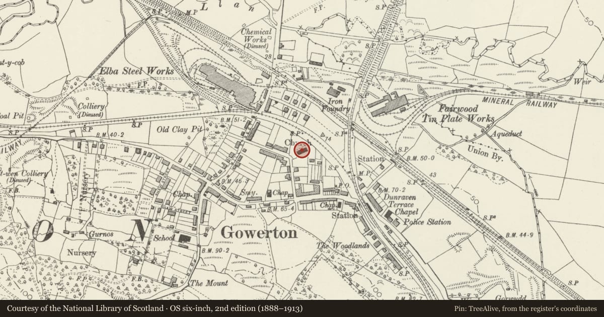 Ordnance Survey six-inch map, 2nd edition (1888–1913) covering the location of Church of St John, Gowerton, Swansea, with a pin at the register's coordinates