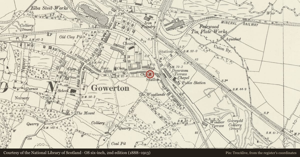 Ordnance Survey six-inch map, 2nd edition (1888–1913) covering the location of Temple United Reformed Church, Gowerton, Swansea, with a pin at the register's coordinates