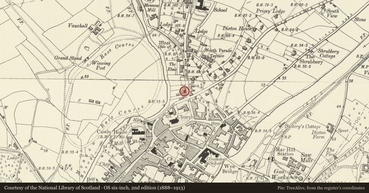 Ordnance Survey six-inch map, 2nd edition (1888–1913) covering the location of 12 Monk Street, Monmouth, Monmouthshire, with a pin at the register's coordinates