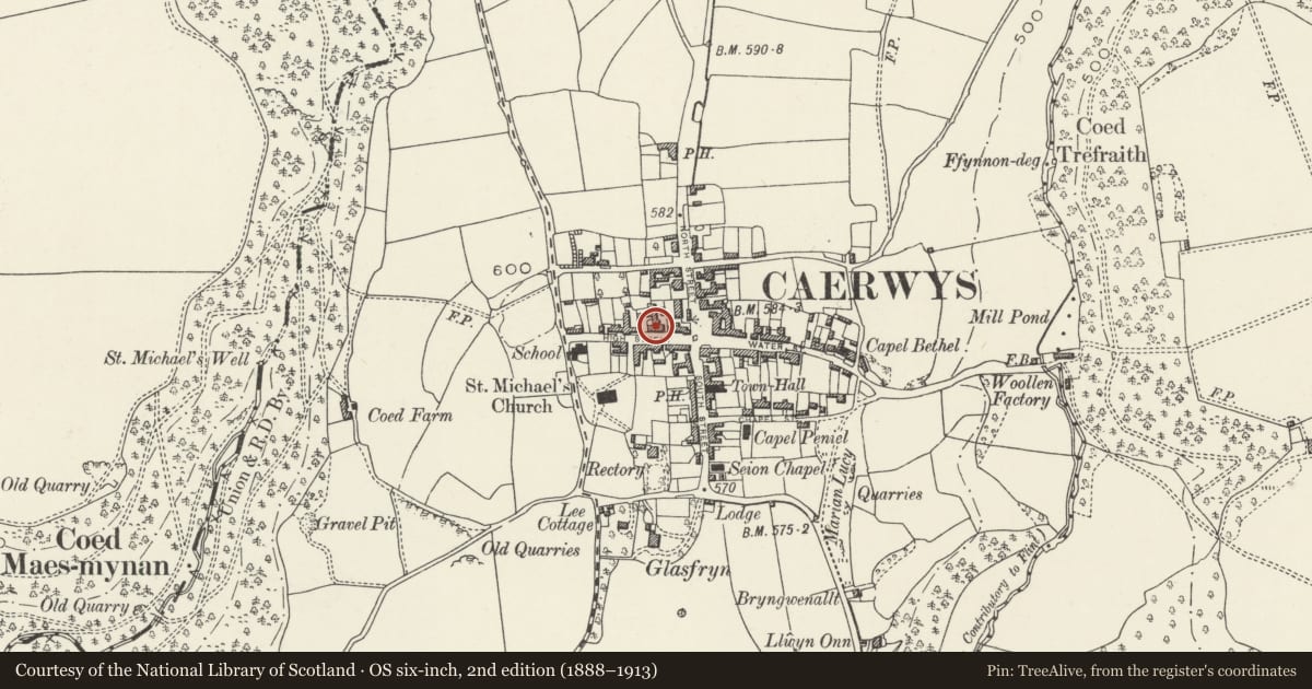 Ordnance Survey six-inch map, 2nd edition (1888–1913) covering the location of Old Court, Caerwys, Flintshire, with a pin at the register's coordinates
