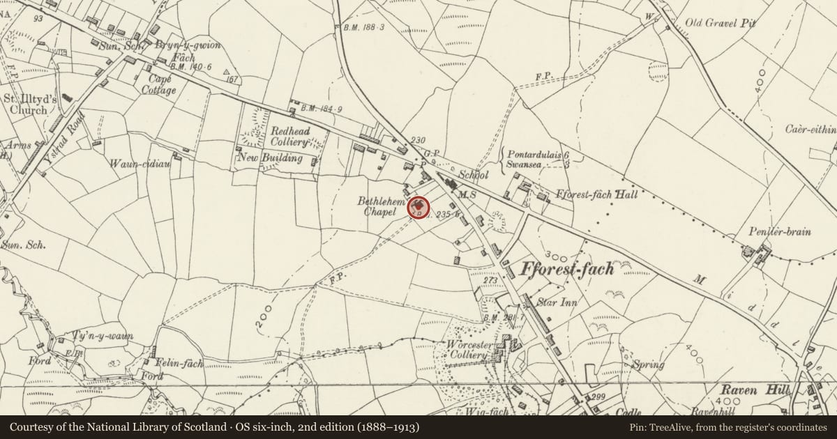Ordnance Survey six-inch map, 2nd edition (1888–1913) covering the location of Capel Bethlehem including attached vestry block, Cockett, Swansea, with a pin at the register's coordinates