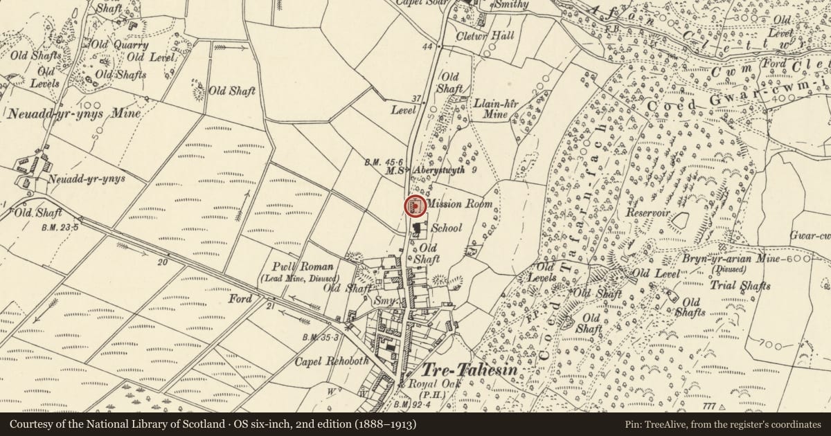 Ordnance Survey six-inch map, 2nd edition (1888–1913) covering the location of Yr Ysgoldy Fach, Llangynfelyn, Ceredigion, with a pin at the register's coordinates