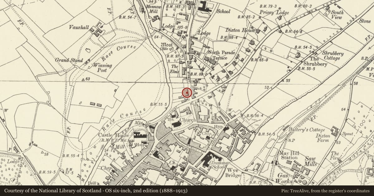 Ordnance Survey six-inch map, 2nd edition (1888–1913) covering the location of 14 Monk Street, Monmouth, Monmouthshire, with a pin at the register's coordinates