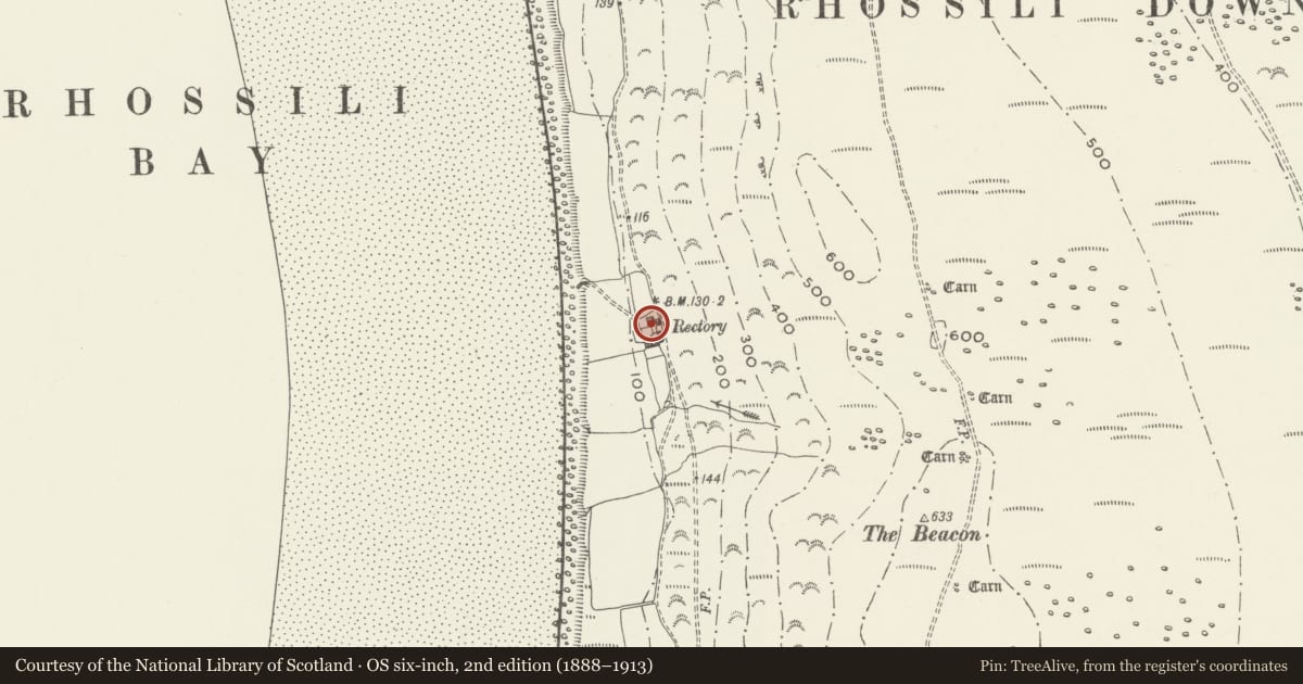 Ordnance Survey six-inch map, 2nd edition (1888–1913) covering the location of Rhossili Old Rectory, Swansea, with a pin at the register's coordinates