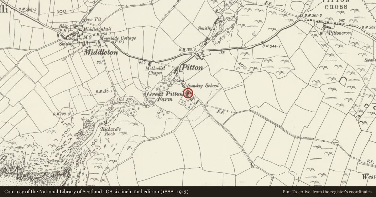 Ordnance Survey six-inch map, 2nd edition (1888–1913) covering the location of Great Pitton Farmhouse, Rhossili, Swansea, with a pin at the register's coordinates