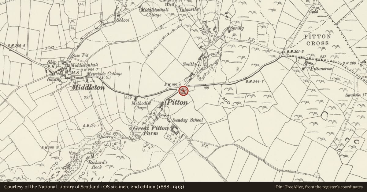 Ordnance Survey six-inch map, 2nd edition (1888–1913) covering the location of Corner House, Rhossili, Swansea, with a pin at the register's coordinates