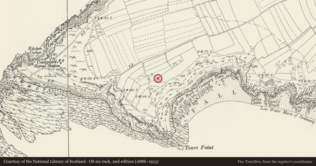 Ordnance Survey six-inch map, 2nd edition (1888–1913) covering the location of Perimeter wall of The Vile open field system, Rhossili, Swansea, with a pin at the register's coordinates