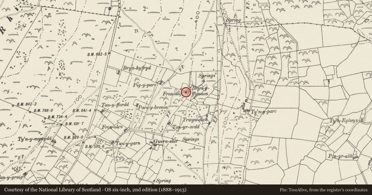 Ordnance Survey six-inch map, 2nd edition (1888–1913) covering the location of Pigsty at Frondeg, Aberdaron, Gwynedd, with a pin at the register's coordinates