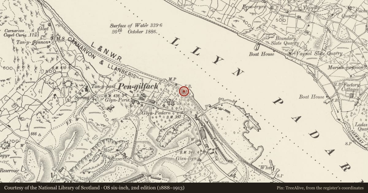 Ordnance Survey six-inch map, 2nd edition (1888–1913) covering the location of Footbridge, Llanberis, Gwynedd, with a pin at the register's coordinates