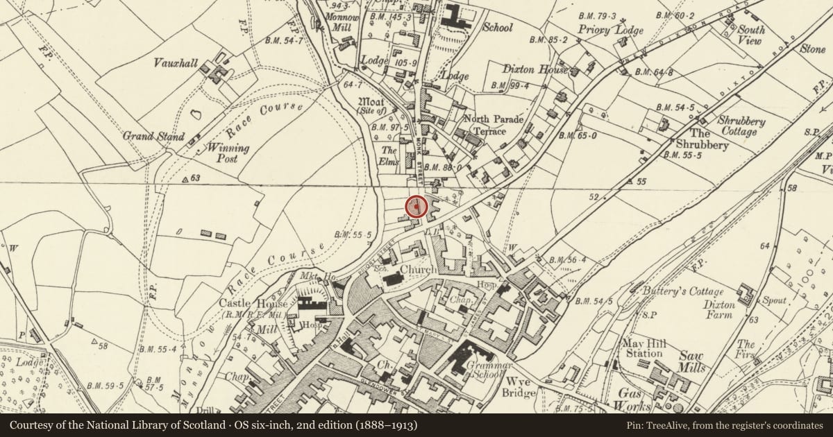 Ordnance Survey six-inch map, 2nd edition (1888–1913) covering the location of 16 Monk Street, Monmouth, Monmouthshire, with a pin at the register's coordinates