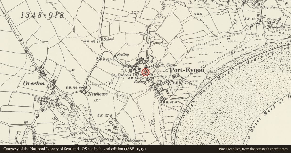 Ordnance Survey six-inch map, 2nd edition (1888–1913) covering the location of Lifeboatmen's Memorial at south east corner of St Cattwg's churchyard, Port Eynon, Swansea, with a pin at the register's coordinates