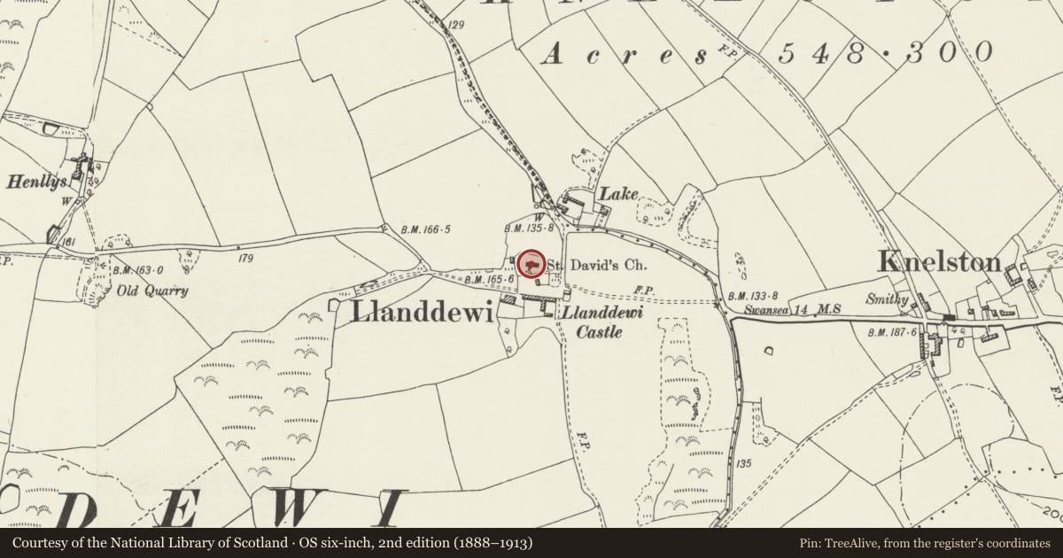 Ordnance Survey six-inch map, 2nd edition (1888–1913) covering the location of Church of St David, Port Eynon, Swansea, with a pin at the register's coordinates