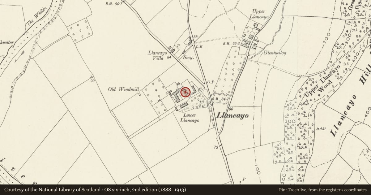 Ordnance Survey six-inch map, 2nd edition (1888–1913) covering the location of Lower Llancayo Farm and attached outbuildings, Llanarth, Monmouthshire, with a pin at the register's coordinates