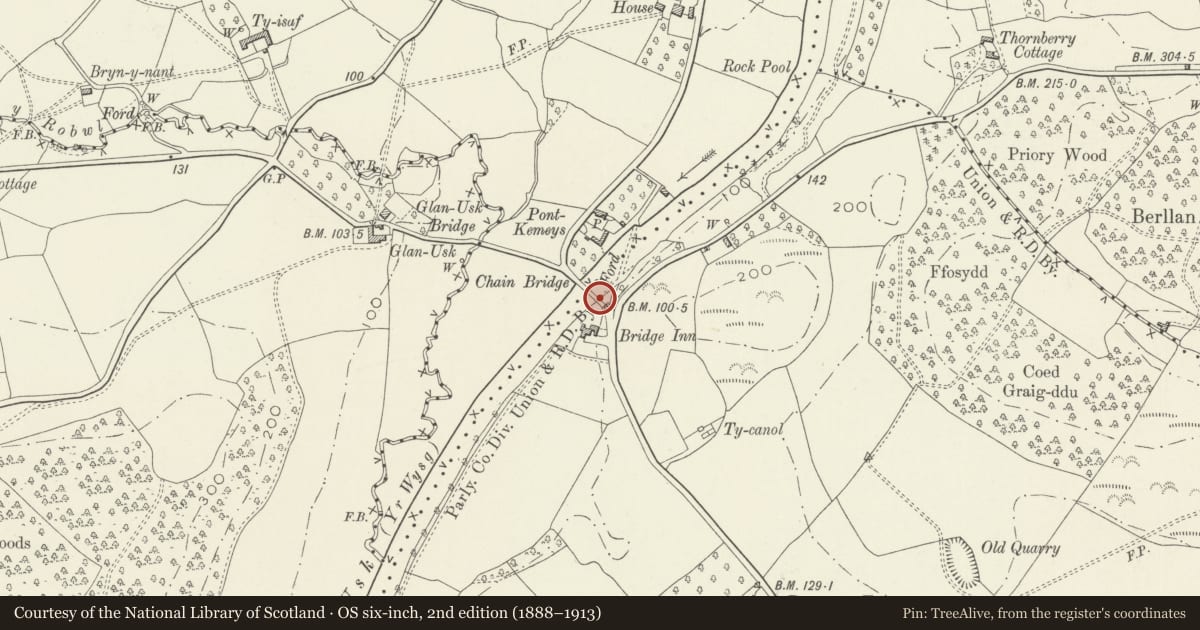 Ordnance Survey six-inch map, 2nd edition (1888–1913) covering the location of Chain Bridge (partly in Gobion Fawr community), Llanarth, Monmouthshire, with a pin at the register's coordinates