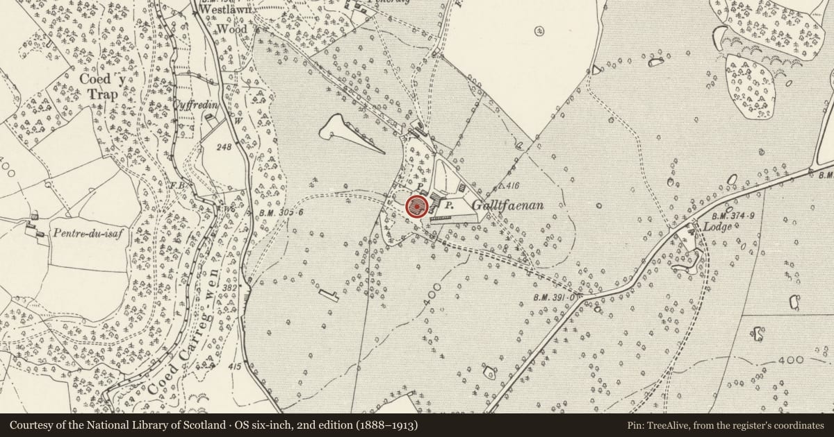 Ordnance Survey six-inch map, 2nd edition (1888–1913) covering the location of Galltfaenan Hall, Trefnant, Denbighshire, with a pin at the register's coordinates
