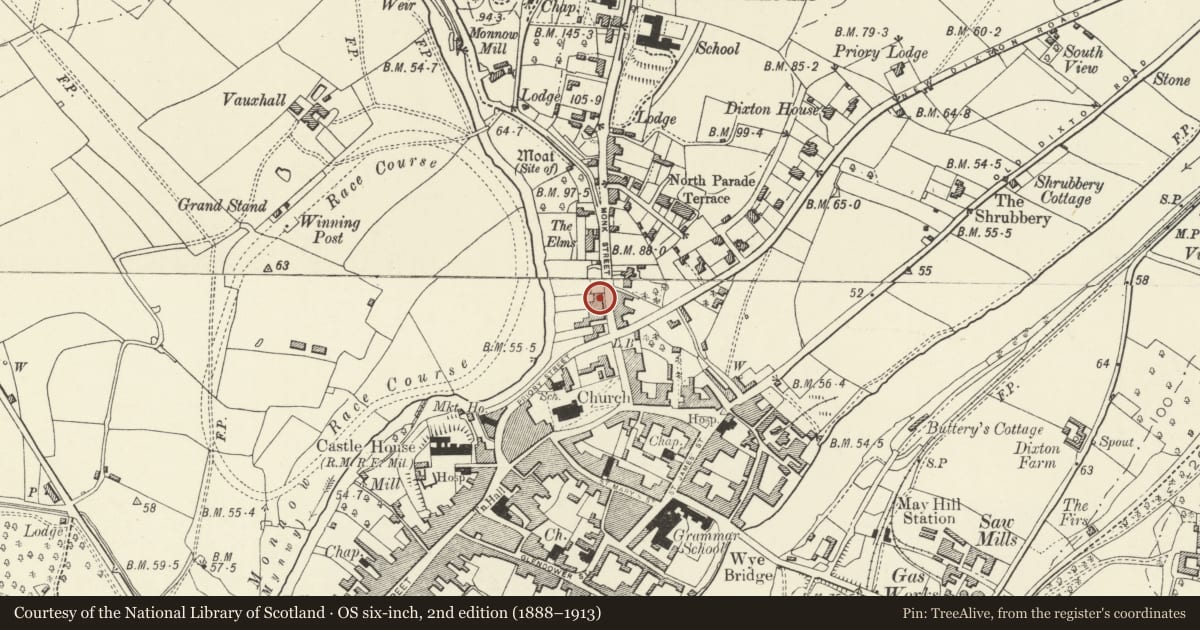 Ordnance Survey six-inch map, 2nd edition (1888–1913) covering the location of 20 Monk Street, Monmouth, Monmouthshire, with a pin at the register's coordinates
