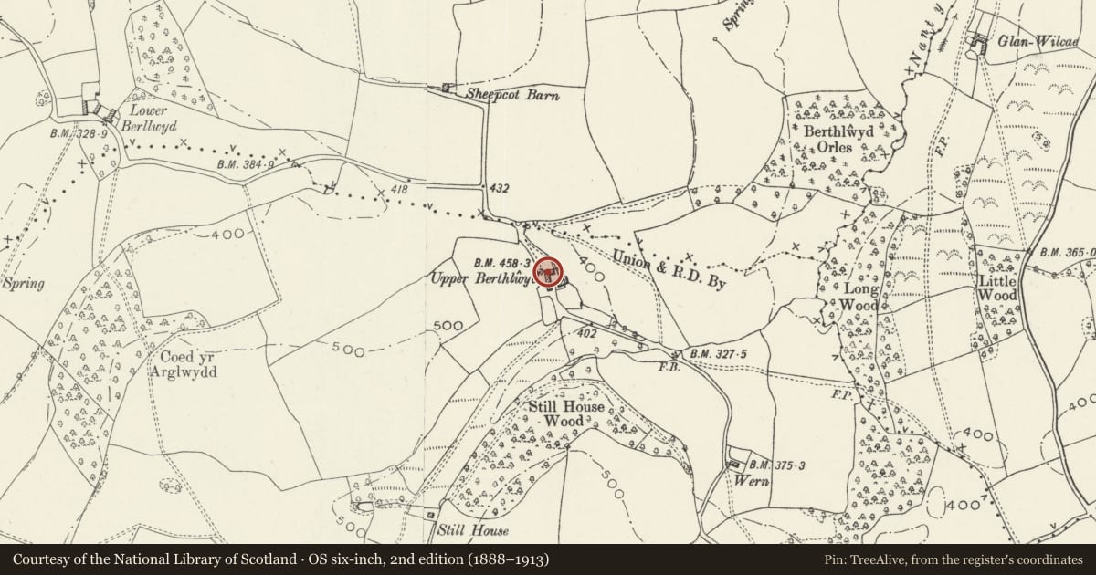 Ordnance Survey six-inch map, 2nd edition (1888–1913) covering the location of Outbuildings at Upper Berthllwyd, Raglan, Monmouthshire, with a pin at the register's coordinates