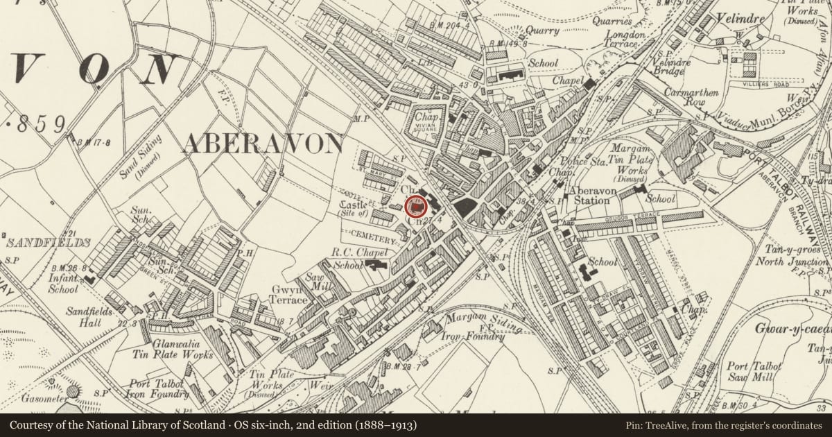 Ordnance Survey six-inch map, 2nd edition (1888–1913) covering the location of Church of St Mary, Aberavon, Neath Port Talbot, with a pin at the register's coordinates