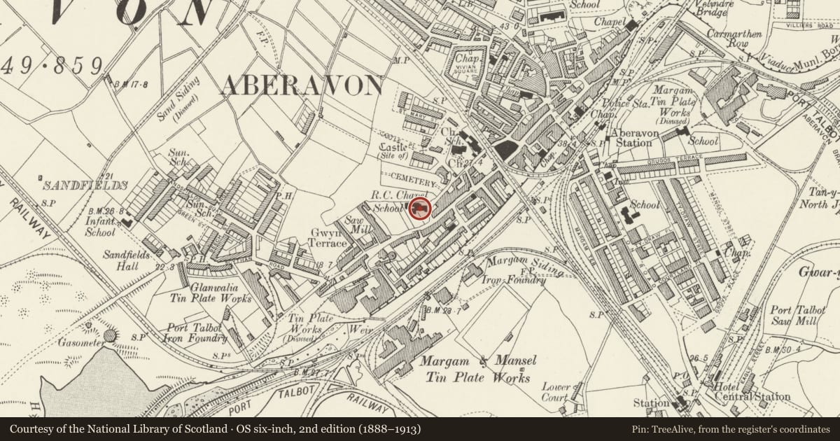 Ordnance Survey six-inch map, 2nd edition (1888–1913) covering the location of Catholic Church of St Joseph, Aberavon, Neath Port Talbot, with a pin at the register's coordinates
