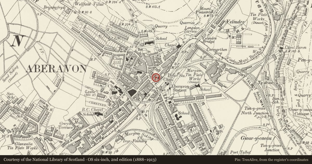 Ordnance Survey six-inch map, 2nd edition (1888–1913) covering the location of Forecourt Walls, Railings and Gates to Ebenezer Chapel, Aberavon, Neath Port Talbot, with a pin at the register's coordinates