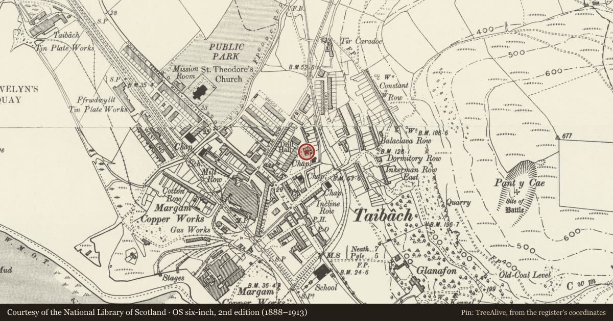 Ordnance Survey six-inch map, 2nd edition (1888–1913) covering the location of Gibeon Chapel, Tai-Bach, Neath Port Talbot, with a pin at the register's coordinates