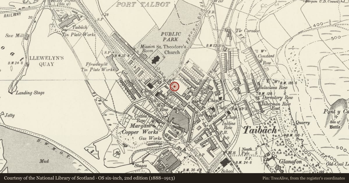 Ordnance Survey six-inch map, 2nd edition (1888–1913) covering the location of Carnegie Free Library, Tai-Bach, Neath Port Talbot, with a pin at the register's coordinates