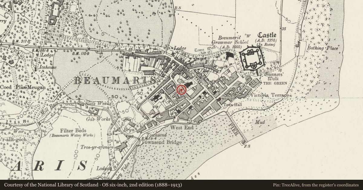 Ordnance Survey six-inch map, 2nd edition (1888–1913) covering the location of Canolfan Lowerth Rowlands, including forecourt wall and railings, Beaumaris, Isle of Anglesey, with a pin at the register's coordinates