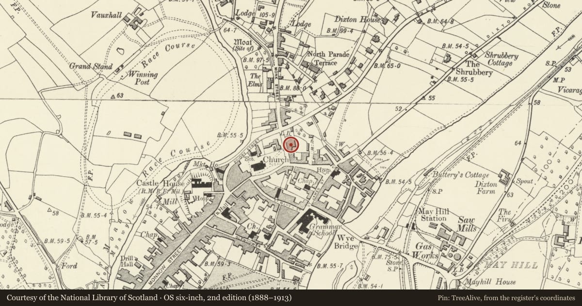 Ordnance Survey six-inch map, 2nd edition (1888–1913) covering the location of 3 Monk Street, Monmouth, Monmouthshire, with a pin at the register's coordinates