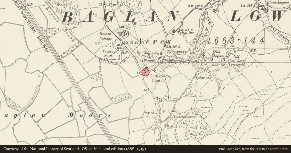 Ordnance Survey six-inch map, 2nd edition (1888–1913) covering the location of Footbridge and walls of Baglan brook around churchyard of St Catharine, Neath Port Talbot, with a pin at the register's coordinates