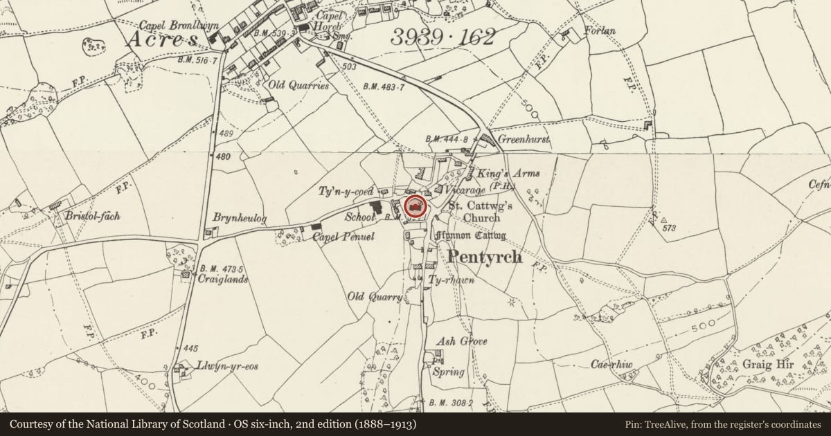 Ordnance Survey six-inch map, 2nd edition (1888–1913) covering the location of Church of St Catwg, Pentyrch, Cardiff, with a pin at the register's coordinates