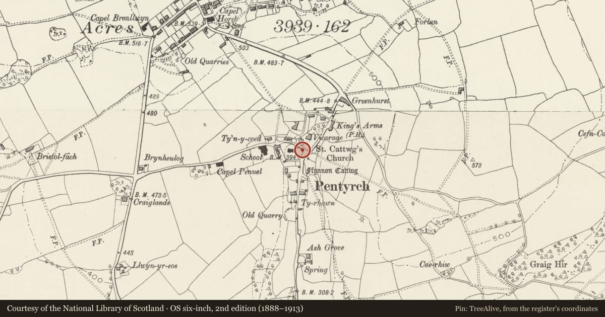 Ordnance Survey six-inch map, 2nd edition (1888–1913) covering the location of Lychgate at church of St Catwg, Pentyrch, Cardiff, with a pin at the register's coordinates