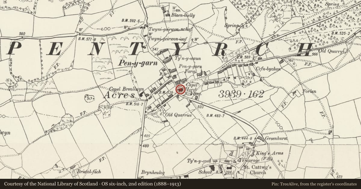 Ordnance Survey six-inch map, 2nd edition (1888–1913) covering the location of Horeb Presbyterian Church including attached hall to right, Pentyrch, Cardiff, with a pin at the register's coordinates