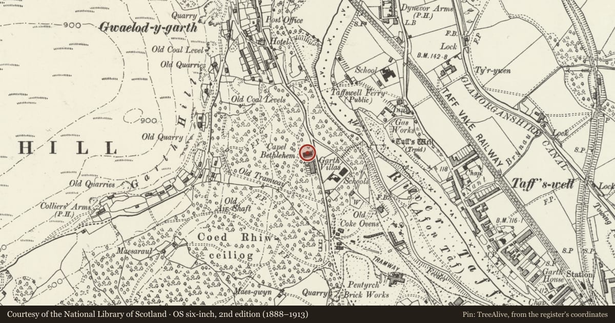 Ordnance Survey six-inch map, 2nd edition (1888–1913) covering the location of Bethlehem Capel yr Annibynwyr, Pentyrch, Cardiff, with a pin at the register's coordinates