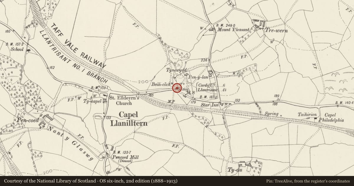 Ordnance Survey six-inch map, 2nd edition (1888–1913) covering the location of The Old Forge, Pentyrch, Cardiff, with a pin at the register's coordinates