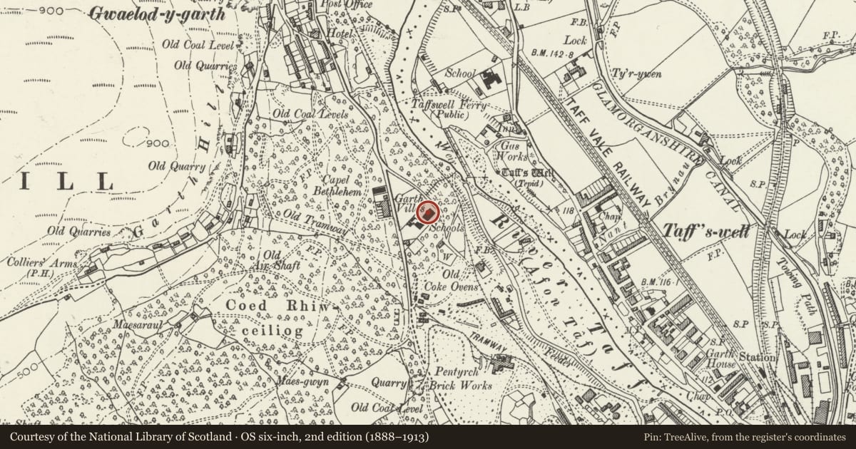 Ordnance Survey six-inch map, 2nd edition (1888–1913) covering the location of Gwaelod-y-garth School, Pentyrch, Cardiff, with a pin at the register's coordinates