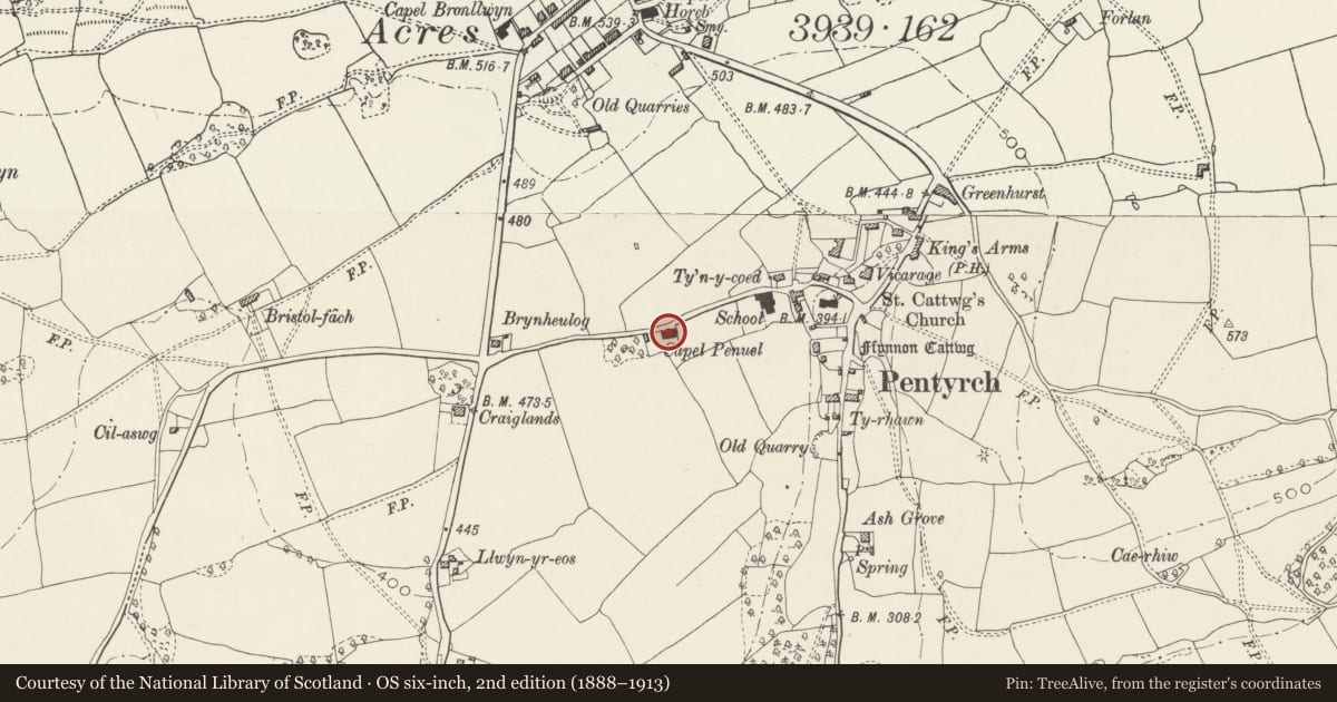 Ordnance Survey six-inch map, 2nd edition (1888–1913) covering the location of Former Penuel Chapel, Pentyrch, Cardiff, with a pin at the register's coordinates
