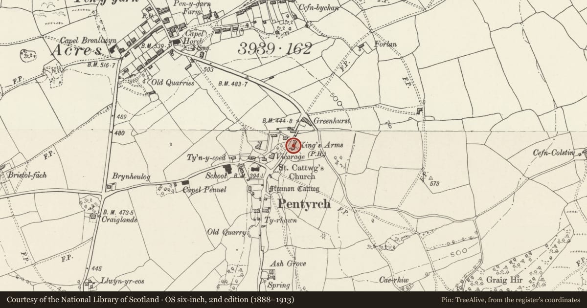 Ordnance Survey six-inch map, 2nd edition (1888–1913) covering the location of The King's Arms Public House, Pentyrch, Cardiff, with a pin at the register's coordinates