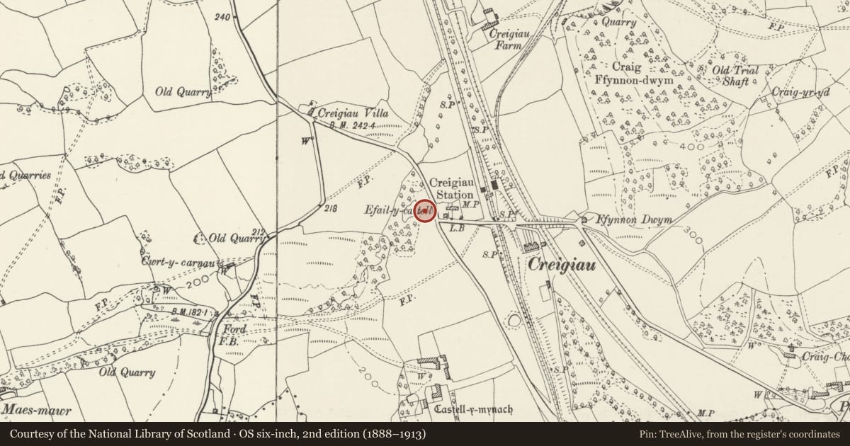 Ordnance Survey six-inch map, 2nd edition (1888–1913) covering the location of Creigiau Church Hall, Pentyrch, Cardiff, with a pin at the register's coordinates