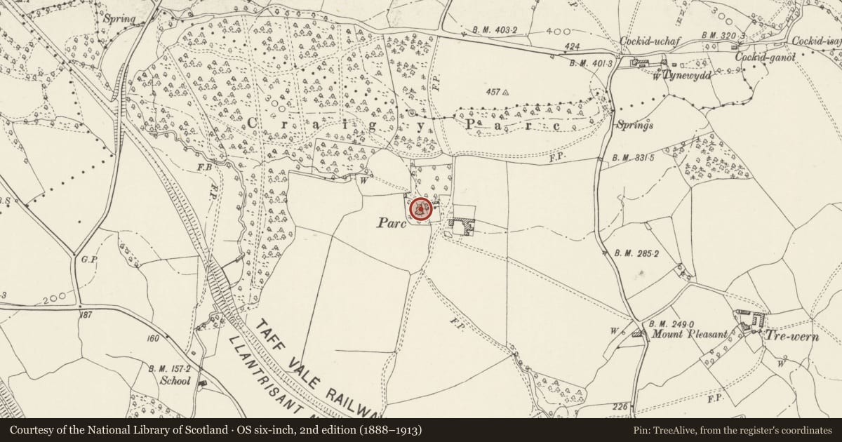 Ordnance Survey six-inch map, 2nd edition (1888–1913) covering the location of Parc-y-Justice, Pentyrch, Cardiff, with a pin at the register's coordinates