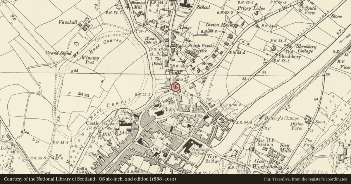 Ordnance Survey six-inch map, 2nd edition (1888–1913) covering the location of Ty-mawr, Monmouth, Monmouthshire, with a pin at the register's coordinates