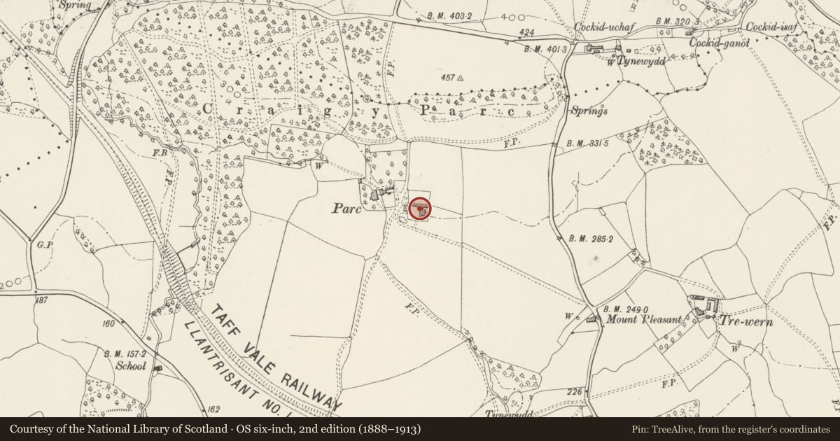 Ordnance Survey six-inch map, 2nd edition (1888–1913) covering the location of U-plan farm ranges to SE of Parc-y-Justice, Pentyrch, Cardiff, with a pin at the register's coordinates