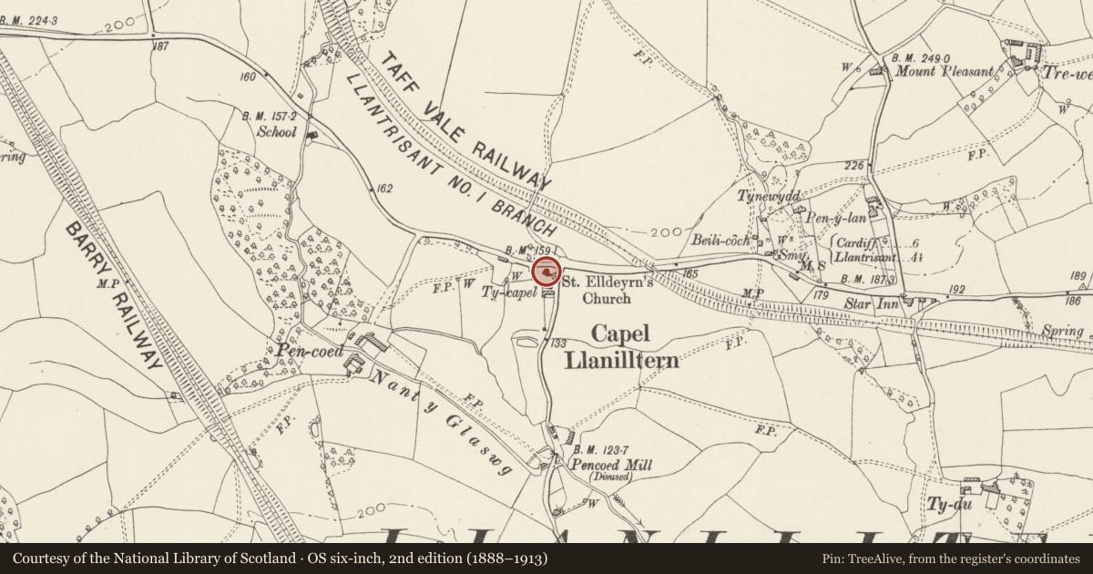 Ordnance Survey six-inch map, 2nd edition (1888–1913) covering the location of Church of St Elldeyrn at Capel Llanilltern, Pentyrch, Cardiff, with a pin at the register's coordinates