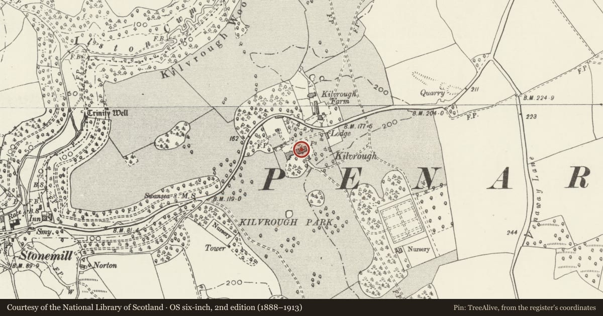 Ordnance Survey six-inch map, 2nd edition (1888–1913) covering the location of Stable Court at Kilvrough Manor, Pennard, Swansea, with a pin at the register's coordinates
