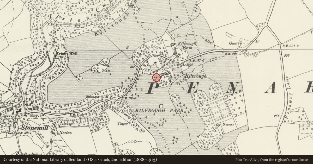 Ordnance Survey six-inch map, 2nd edition (1888–1913) covering the location of Sundial at Kilvrough Manor, Pennard, Swansea, with a pin at the register's coordinates