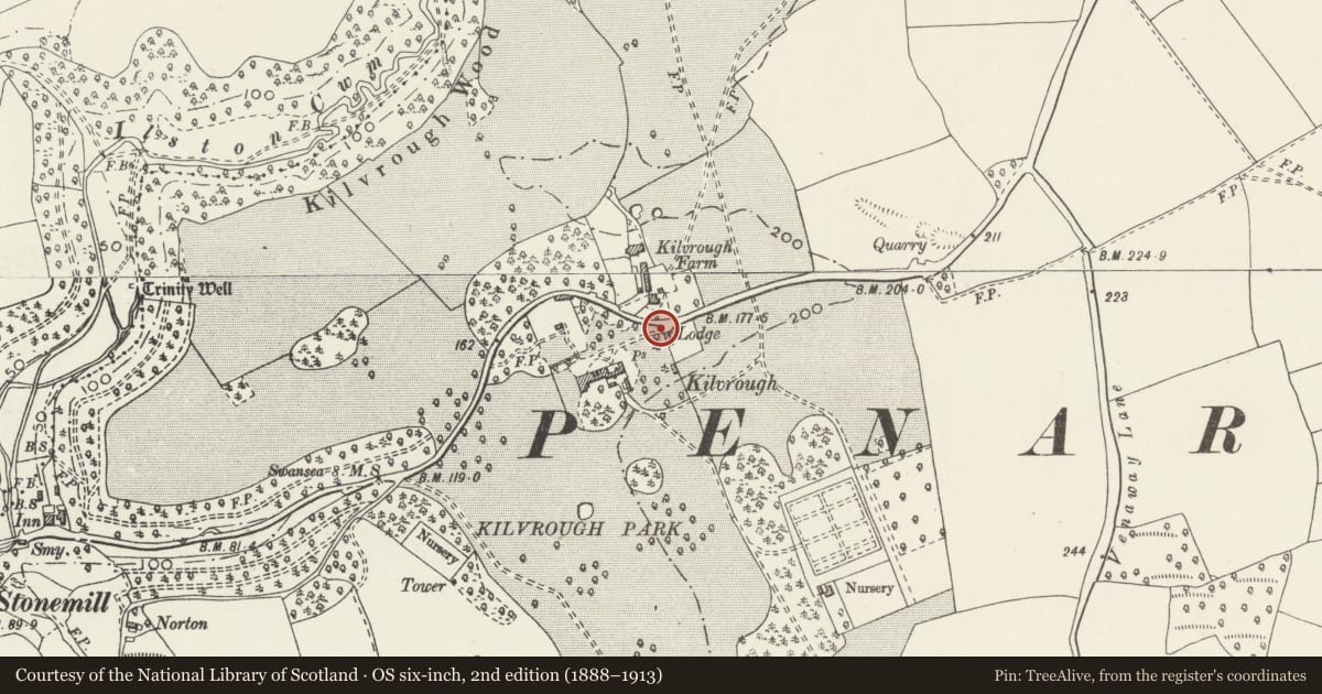 Ordnance Survey six-inch map, 2nd edition (1888–1913) covering the location of Entrance gates and gate piers to Kilvrough Manor, Pennard, Swansea, with a pin at the register's coordinates