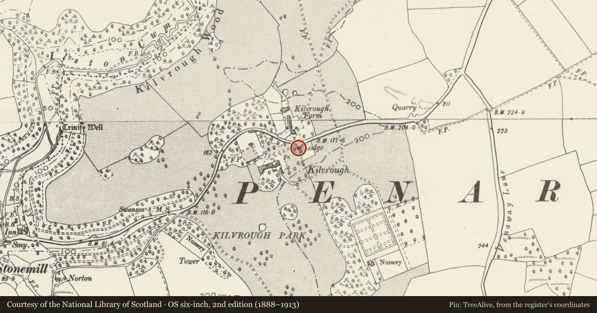 Ordnance Survey six-inch map, 2nd edition (1888–1913) covering the location of Kilvrough Lodge, Pennard, Swansea, with a pin at the register's coordinates