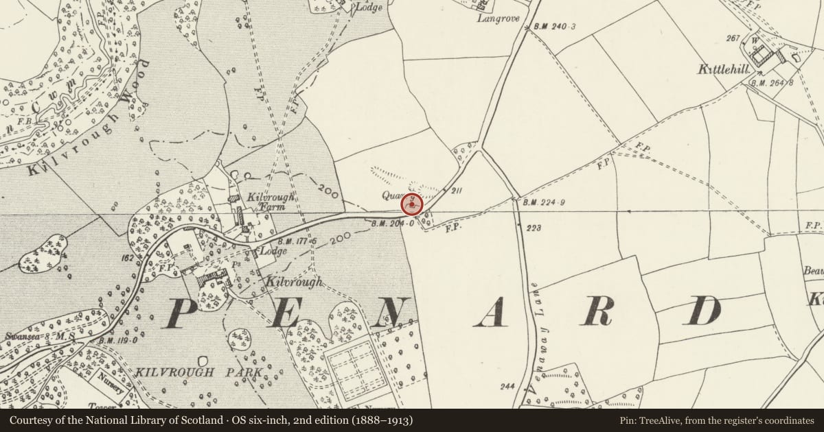 Ordnance Survey six-inch map, 2nd edition (1888–1913) covering the location of Vennaway lime kiln, Pennard, Swansea, with a pin at the register's coordinates